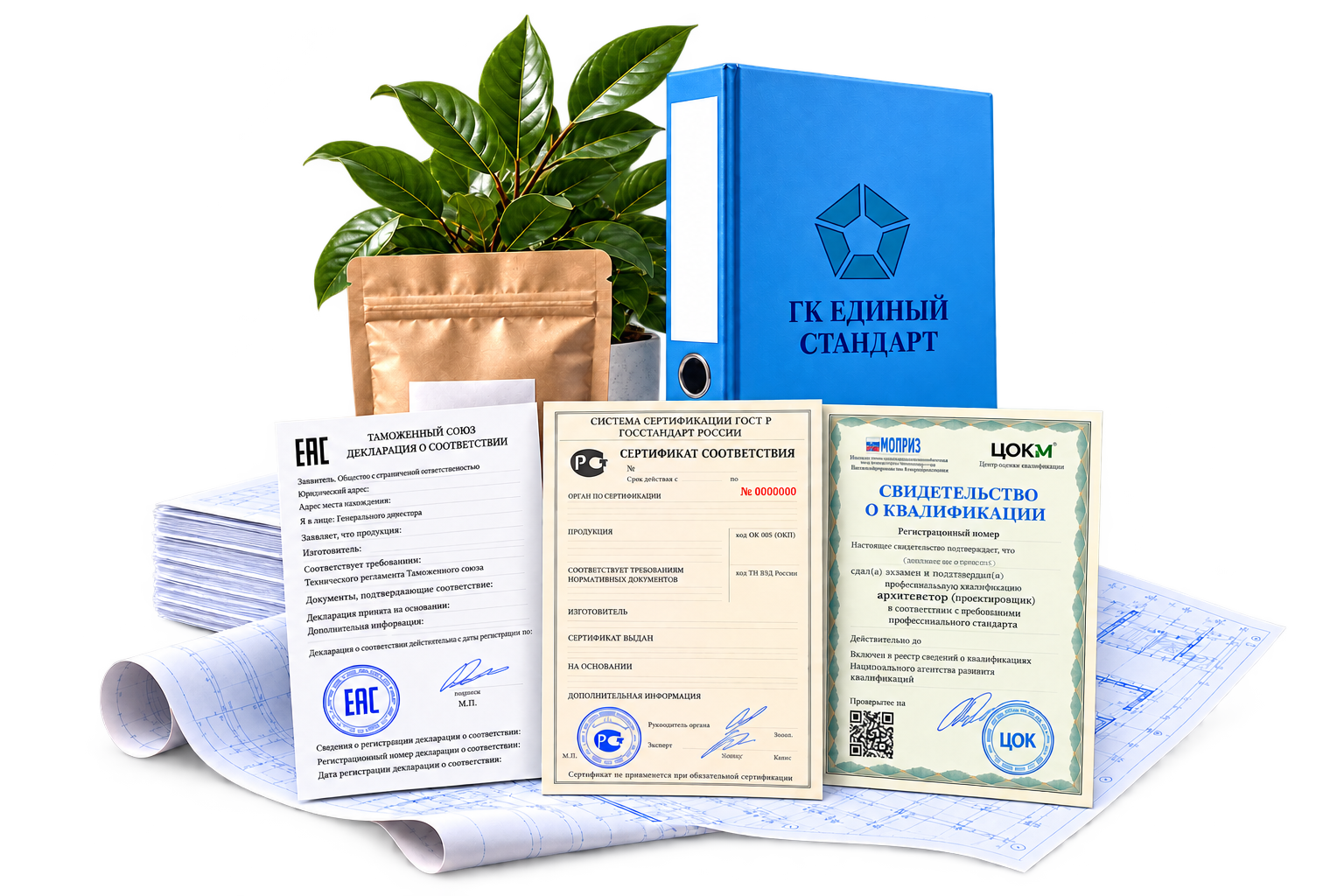 Документы для бизнеса: декларация ЕАС, сертификат ГОСТ Р, папка ГК ЕС и чертежи