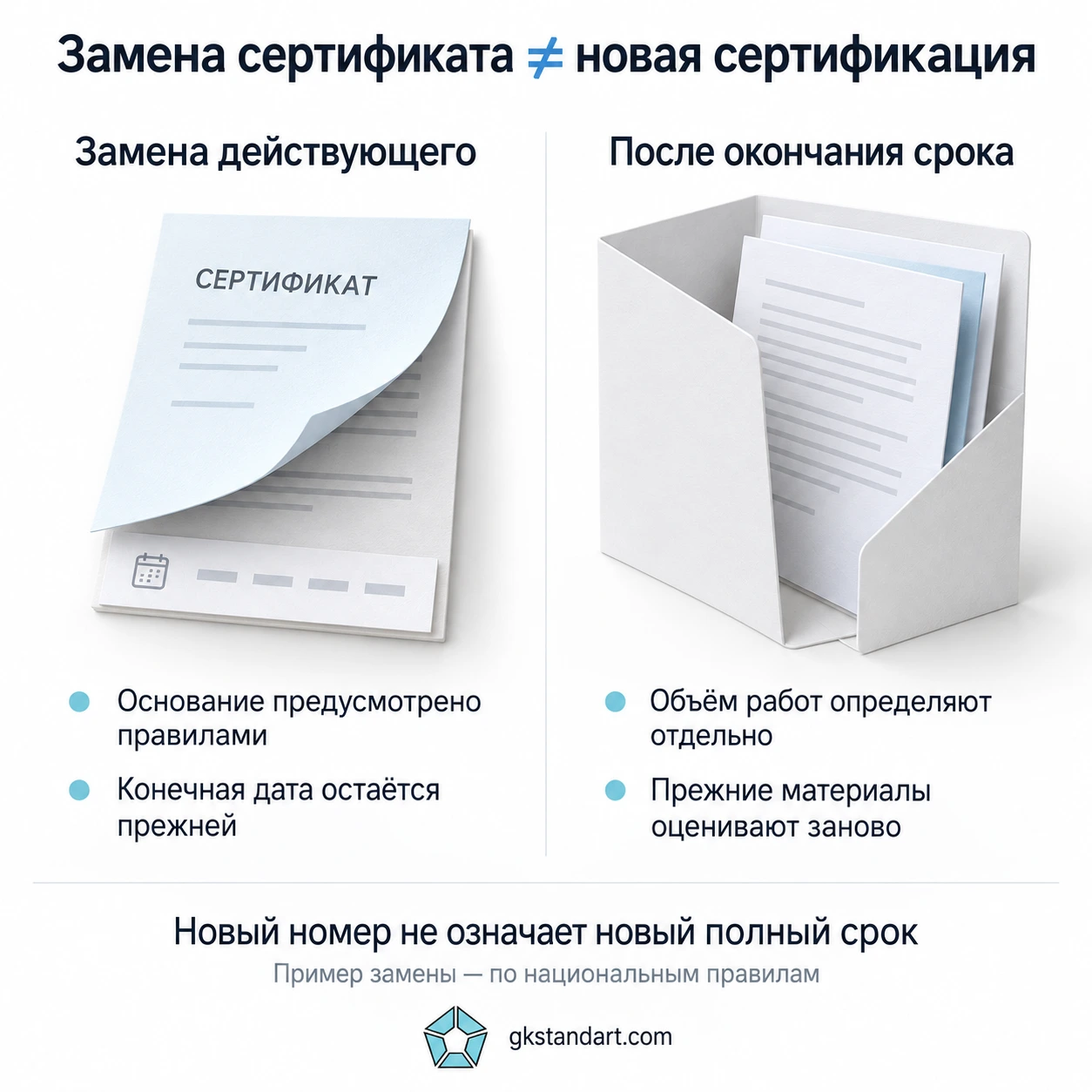 Замена действующего сертификата и новая сертификация после окончания срока — разные процедуры.