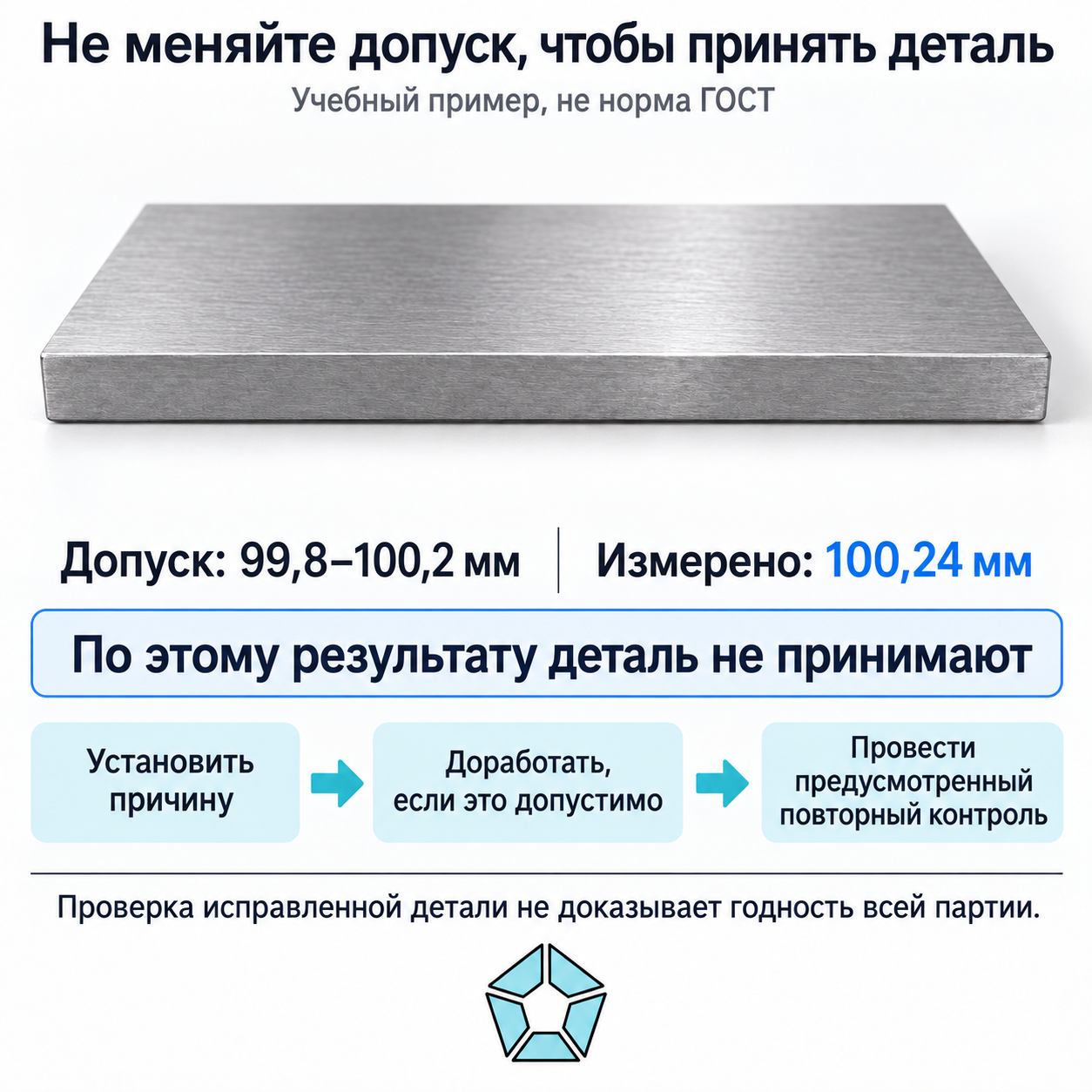 В учебном примере при допуске 99,8–100,2 мм измерено 100,24 мм: по этому результату деталь не принимают. Устанавливают причину, выполняют допустимую доработку и предусмотренный контроль, не расширяют допуск ради приёмки.
