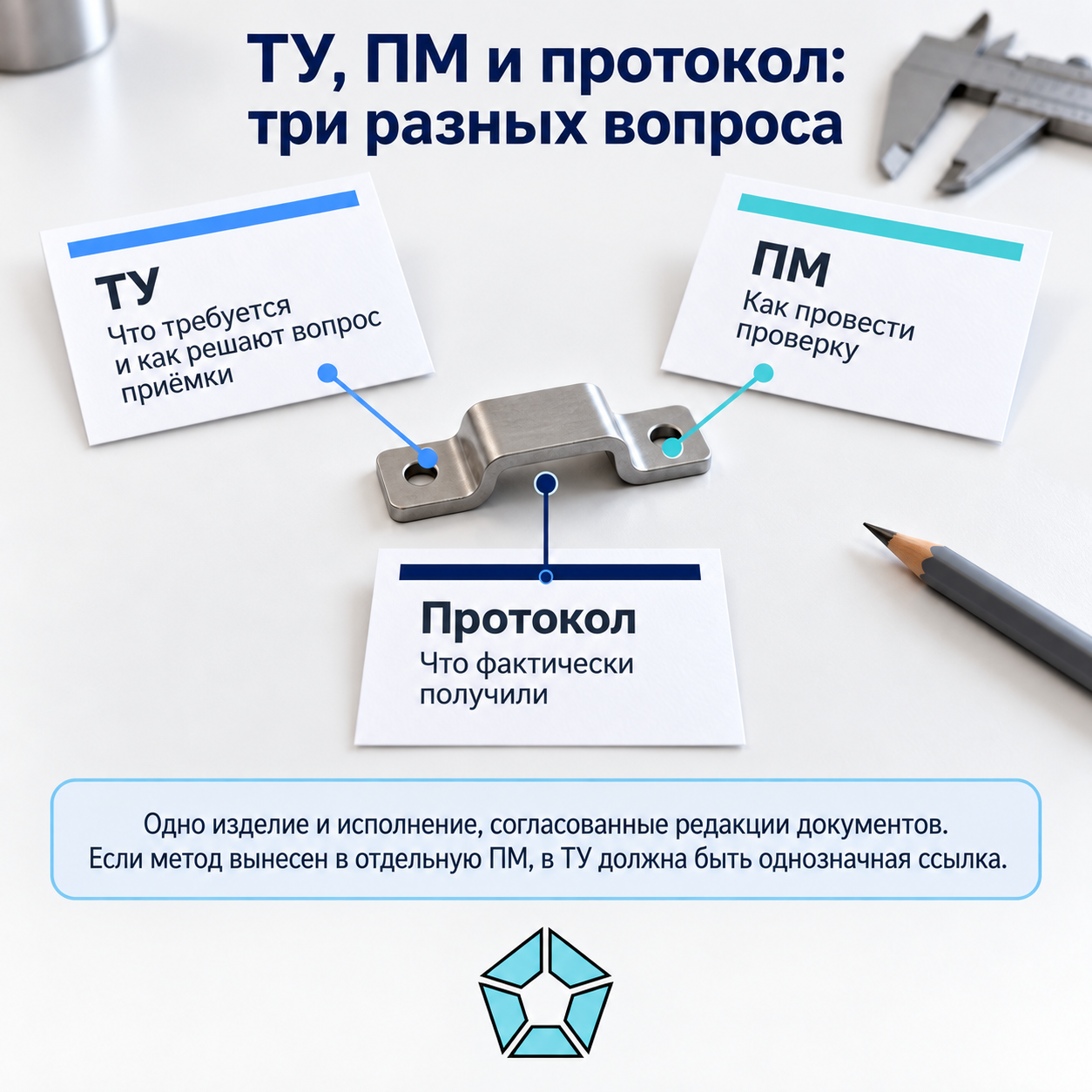 ТУ задают требования и правила приёмки, отдельная ПМ при её использовании раскрывает метод по ссылке из ТУ, протокол фиксирует фактические результаты; документы должны относиться к одному исполнению и согласованным редакциям.