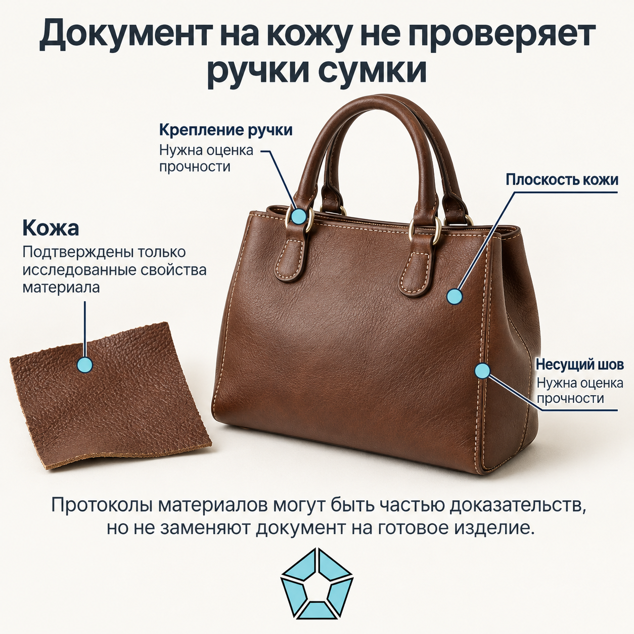 У образца кожи нет креплений ручек и несущих швов сумки. Их прочность оценивают для готового изделия; протоколы материала могут быть частью доказательств, но не заменяют итоговый документ на сумку.