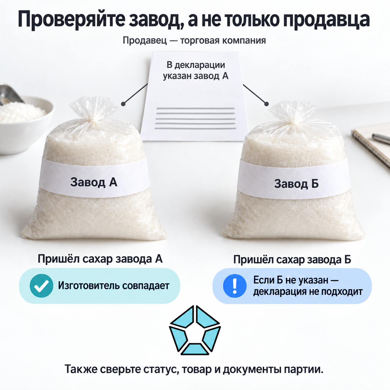 Торговая компания может поставлять сахар завода А с декларацией этого завода. Если пришёл сахар завода Б, не указанного в документе, декларация не подходит; также проверяют статус, продукт и документы партии.