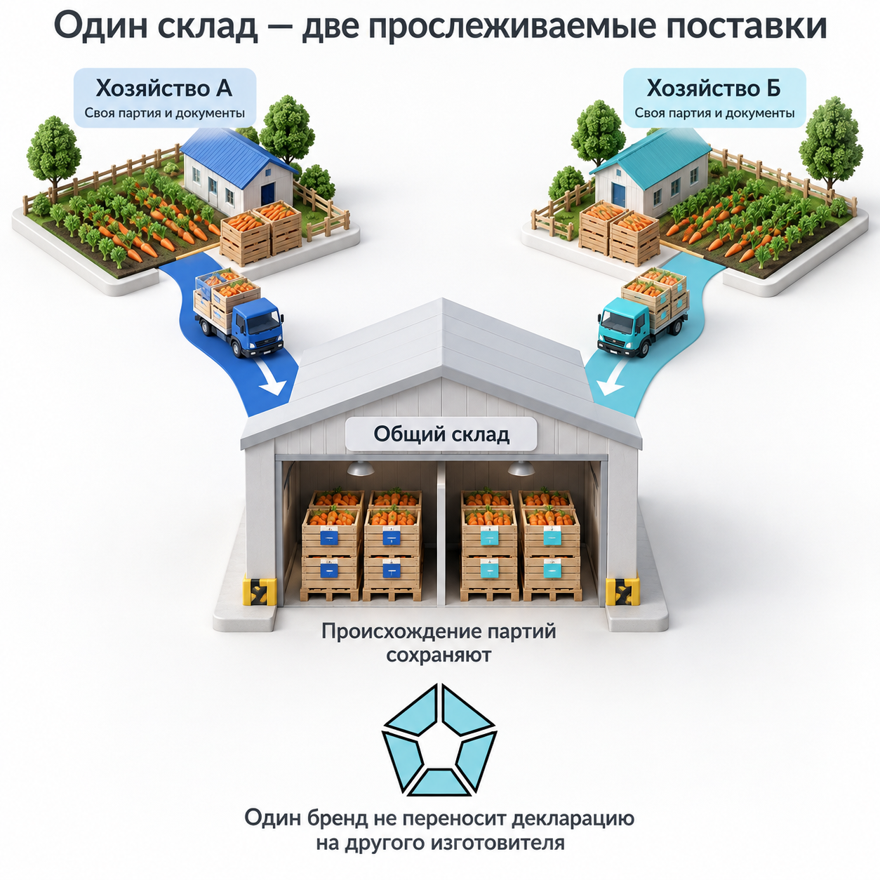 Две партии моркови от разных хозяйств сохраняют связь со своими изготовителями и документами при поступлении на общий склад.