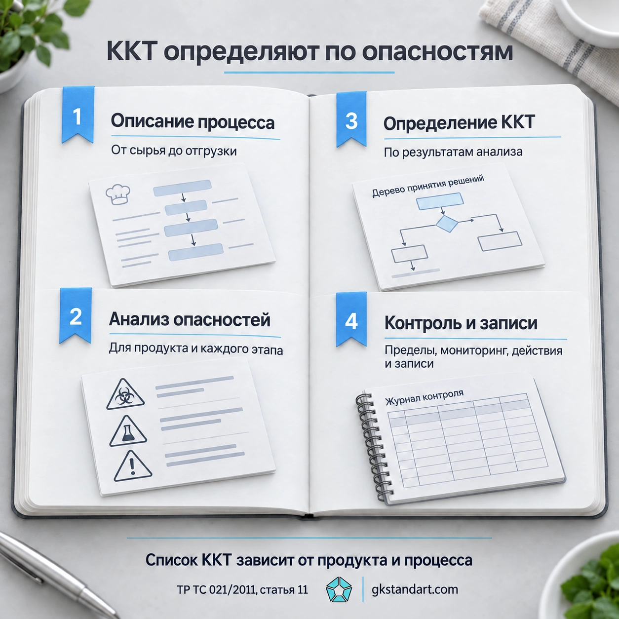 ККТ определяют по анализу опасностей продукта и процесса: описание, анализ, выбор точек, контроль и записи