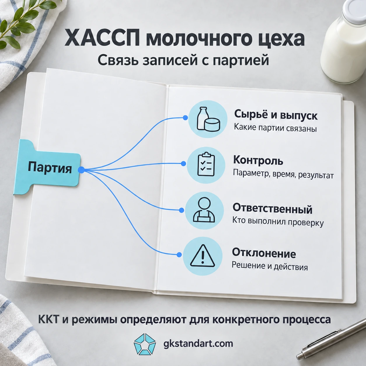 Связь партии молочной продукции с записями контроля, ответственным и решениями при отклонениях